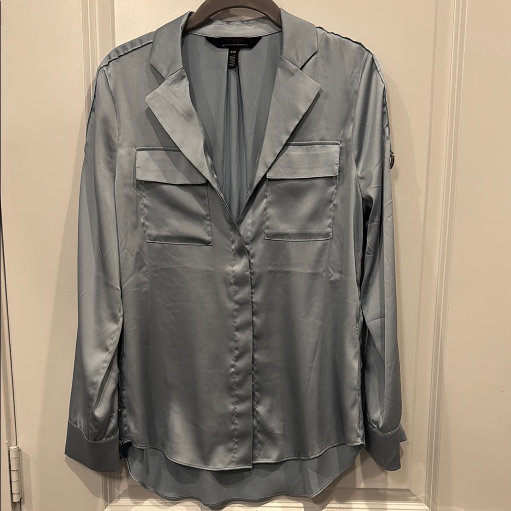 White House Black Market Blue Satin Button Down Shirt
